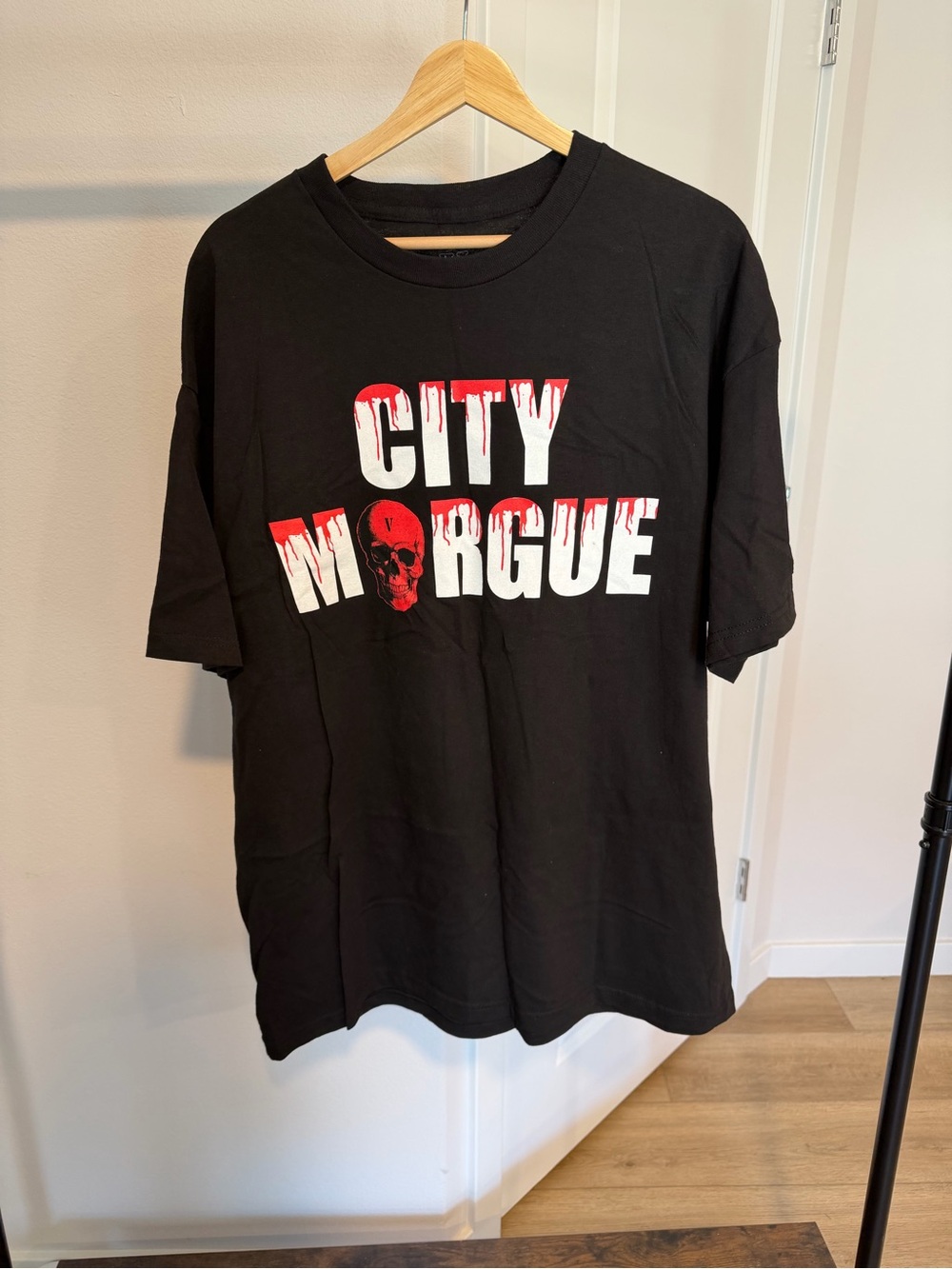 VLONE Black Tee with Red and White City Morgue Graphic